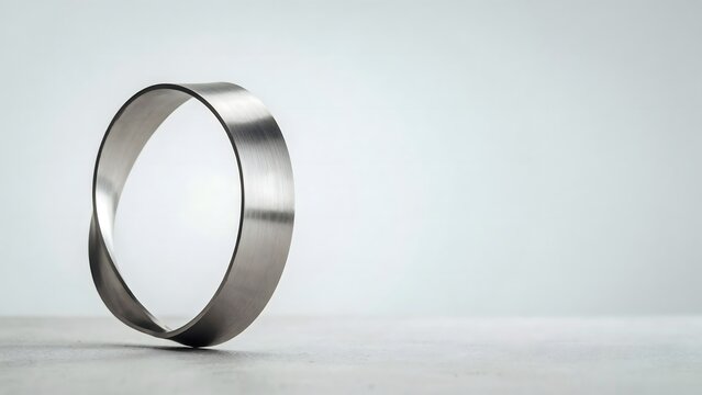 Brushed stainless steel M&ouml;bius strip floating on gray &ndash; Great for business continuity visual, innovation loop graphics, or luxury brand design.