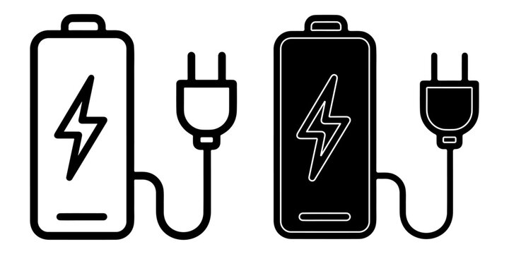 Two battery one outlined and one filled, connected to plugs power energy electricity