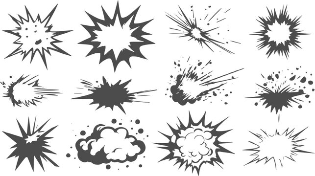 Comic Explosion Icon Set, Black White Burst Shapes with Bold Outlines and Action Effects.