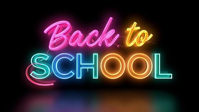 Colorful Neon Back To School Text On Black Background, Education Concept