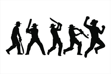 Fototapeta premium Cricket player silhouettes showing different actions and batting stances