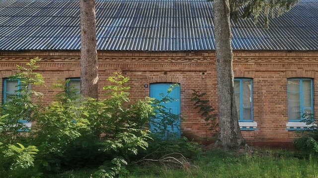 Traditional red brick house facade with bright blue wooden door and windows surrounded by green tree
