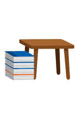 Fototapeta premium Hand-drawn vector illustration of a tall stack of colorful books and papers tucked beside a wooden reading table, perfect for education and study themed graphic design projects
