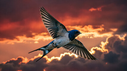 Fototapeta premium Barn swallow flying gracefully through a dramatic sunset sky with colorful clouds