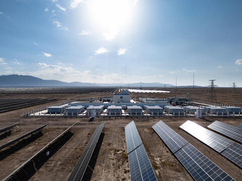 solar power storage station in desert landscape