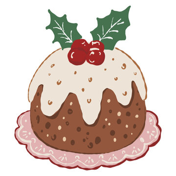 Festive Christmas pudding topped with creamy icing, holly leaves and red berries. Cute traditional holiday dessert vector illustration for cards, stickers, menus and seasonal designs