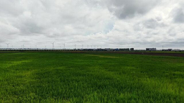 Aerial view of the Agriport A7 wind farm with rows of wind turbines set against a cloudy sky over the green agricultural fields of Middenmeer, Noord-Holland, Netherlands.