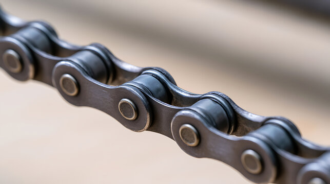 Close-up view of a sturdy metal roller chain in a mechanical system, showcasing precision engineering and industrial strength components