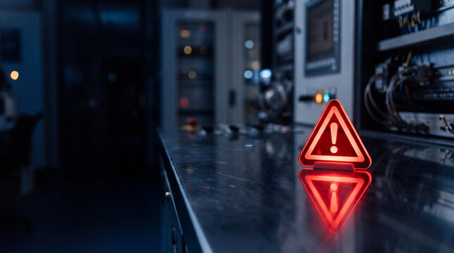Red glowing warning sign with an exclamation mark on a dark reflective surface in a server room, system error, cyber security, data protection, technical issue, digital alert.