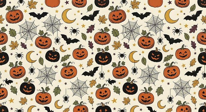A charming Halloween seamless pattern featuring cheerful jack-o'-lanterns, spooky bats, intricate spiderwebs, and crescent moons, great for fall.