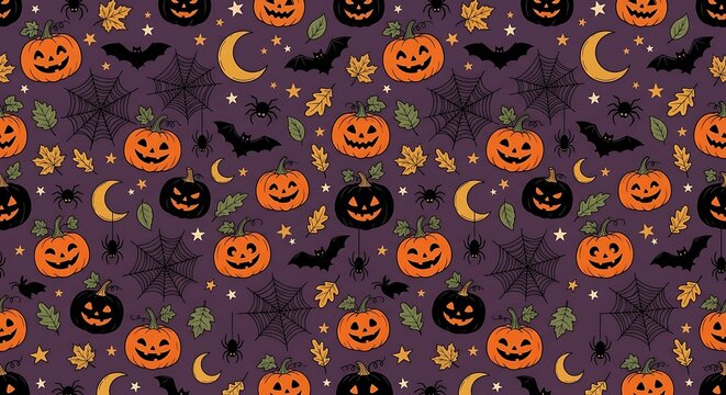 This festive and spooky seamless Halloween pattern features cheerful jack-o'-lanterns, flying bats, intricate spiderwebs, and crescent moons, perfect for seasonal designs.
