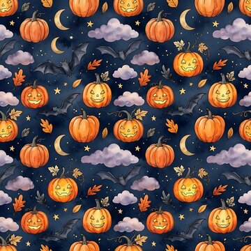 A delightful watercolor pattern of cheerful jack-o'-lanterns, flying bats, and crescent moons against a dark starry sky, ideal for autumn celebrations.