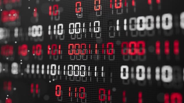 Seamless looped 3D animation of glowing red and white binary digits moving across a dark digital grid, ideal for technology, coding, cybersecurity, data networks and futuristic backgrounds.