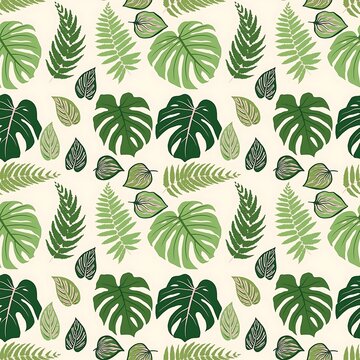 A vibrant seamless pattern featuring an array of lush green tropical monstera and fern leaves, perfect for botanical design projects.