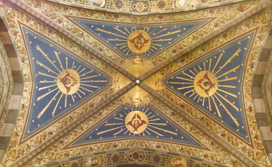 Naklejka premium BERGAMO, ITALY - MARCH 18, 2026: The ceiling neo gothic freesco in the church Oratorio dell Immacolata by unknown artis from beginn of 20. cent.