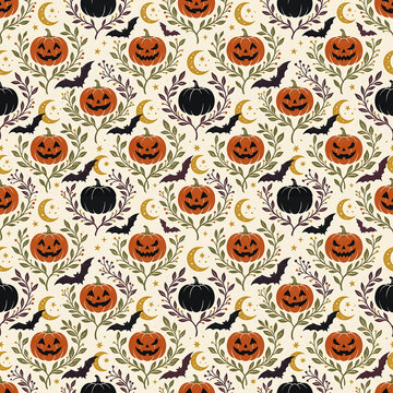 A seamless Halloween pattern showcases cheerful jack-o'-lanterns, dark bats, and golden crescent moons, intertwined with autumn leaves, ideal for festive projects.