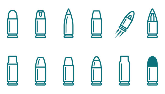 Bullet ammunition vector illustration set showing diverse ballistic types for military tactical gear.