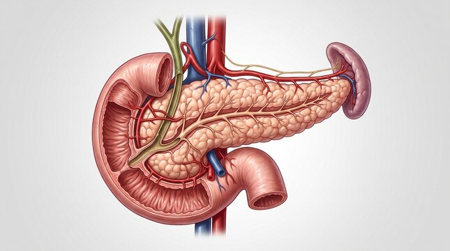 Detailed medical illustration of the human pancreas, duodenum, and spleen showing internal anatomy and blood supply