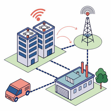 Isometric smart city network graphic with buildings and communication tower