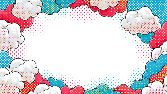 Vibrant comic-style clouds frame a blank space for creativity.