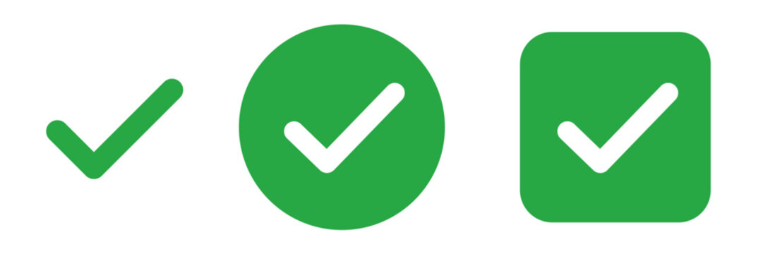 Check mark icon set with success and approval symbols. Green colored status indicators for forms, web and app UI