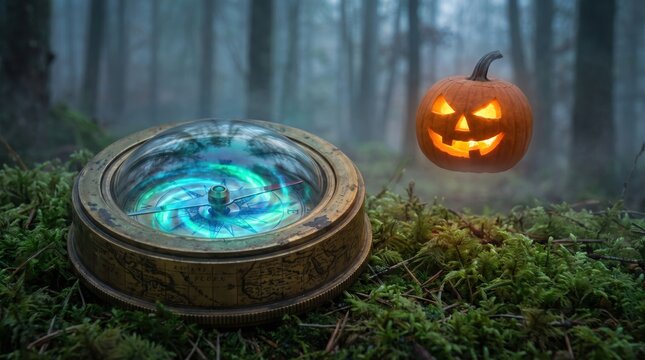 Magical glowing compass on a mossy forest floor with a floating carved Halloween pumpkin in misty woods