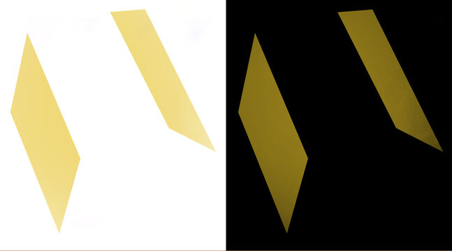 Golden geometric parallelogram shapes on black and white backgrounds, luxury metallic foil graphic elements, elegant gold diamond icons