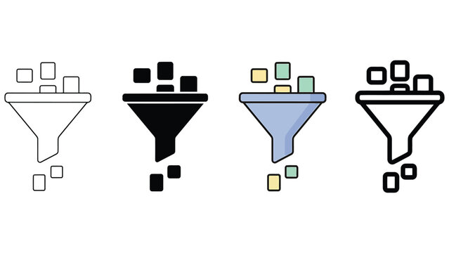 Data filtering funnel icon set in different styles for business analysisrelated concepts