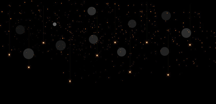Golden Hanging Sparkle Stars Background with Bokeh Particles. Editable.