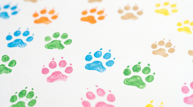 Colorful dog paw print pattern on white background  