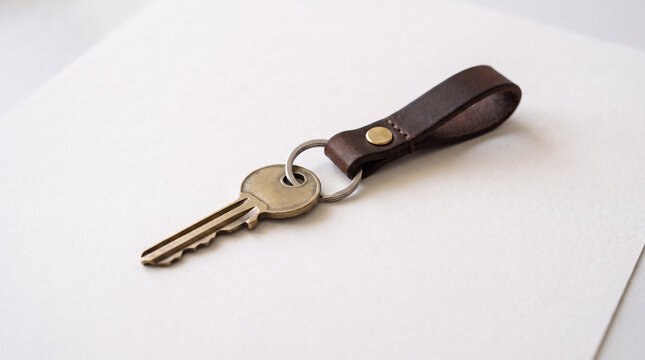 A single minimal metallic key attached to a plain leather keychain, resting on a plain white paper background