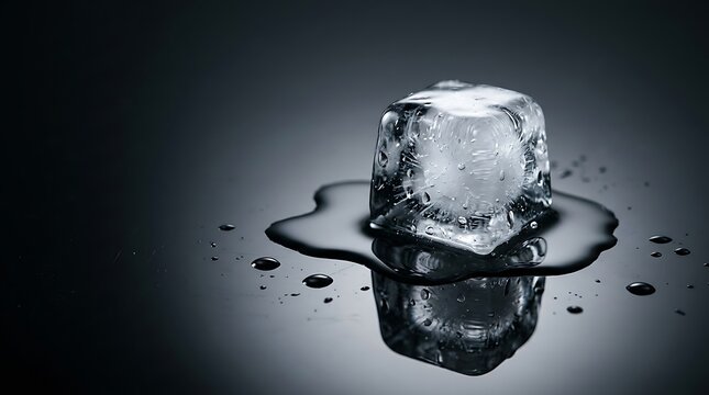 Melting ice cube sitting on a dark reflective surface with water puddles water drops dark