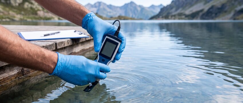 Researcher collects water sample using testing device by lake