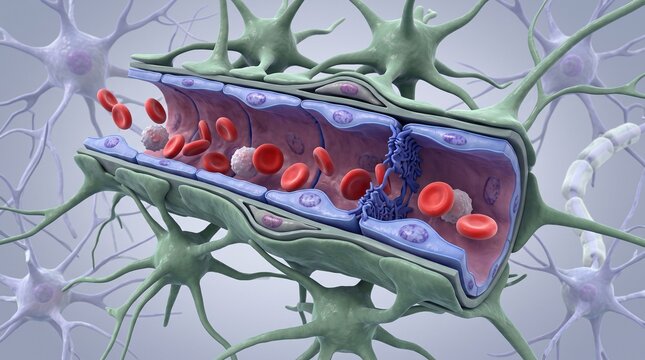 3D Illustration of the Blood-Brain Barrier Showing a Capillary with Blood Cells and Surrounding Astrocytes