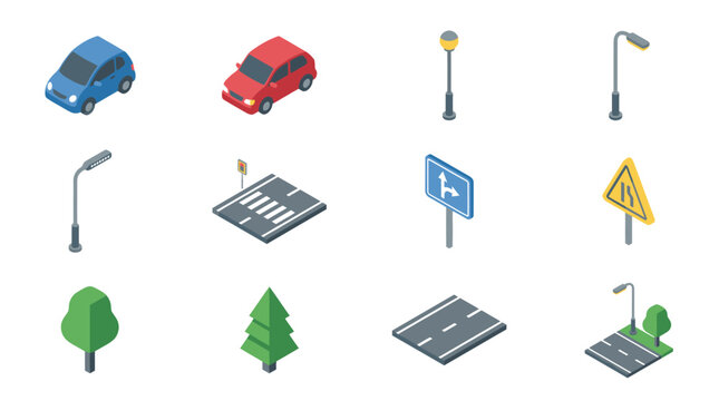 Isometric City Elements Collection - Cars, Streetlights, Road Signs, Trees, and Crosswalks.