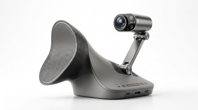 Futuristic conference webcam with integrated speaker, modern video conferencing hardware, sleek gray communication device on white background