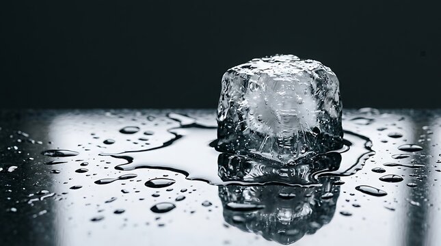 Melting ice cube creating water puddles on a dark reflective tabletop with water drops