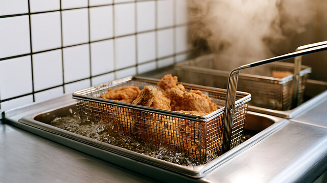 Deep fryer basket filled with crispy golden fried chicken pieces in a commercial kitchen setting with steam rising from boiling oil v