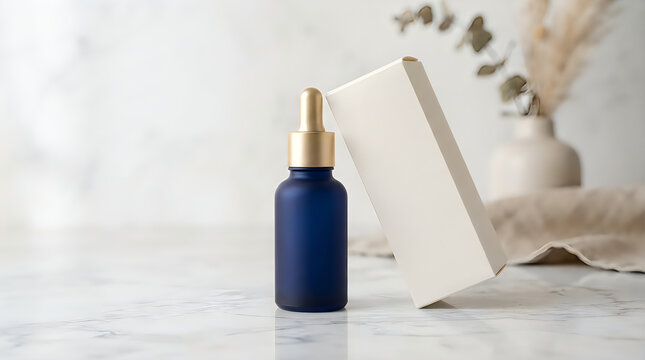 Blue glass cosmetic dropper bottle mockup with blank packaging box on marble surface