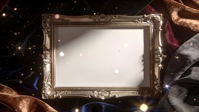 Shifting diagonal light revealing ornate metal picture frame on velvet for product reveal, sparkles