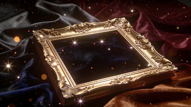Glinting ornate gold frame reflecting stars on draped velvet, camera shifting, drifting particles