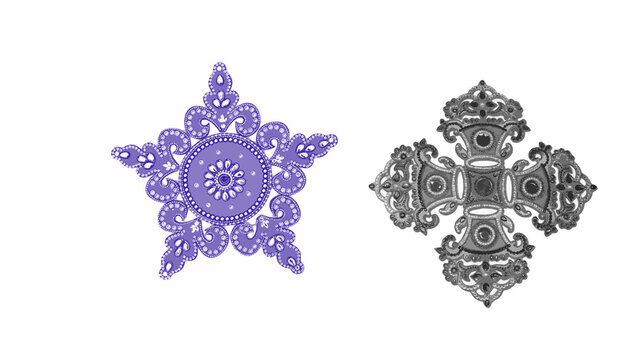 Purple jeweled star mandala pattern and gray ornamental cross design isolated on white background for decorative festival element