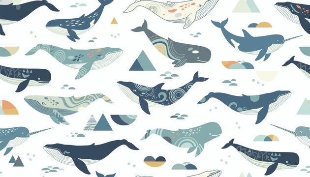 Seamless wallpaper pattern with beautifully decorated whales narwhals and ocean hills on white background.