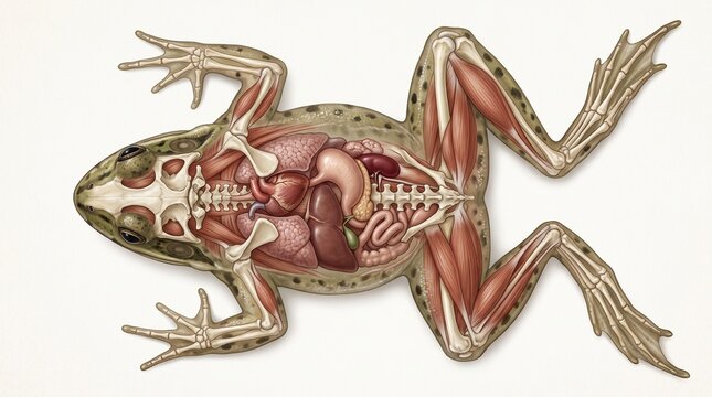 Detailed Anatomical Illustration of a Frog Revealing Internal Organs, Muscular System, and Skeletal Structure