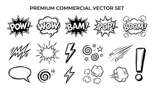 Collection of hand drawn comic book sound effect speech bubbles and action elements isolated on transparent background