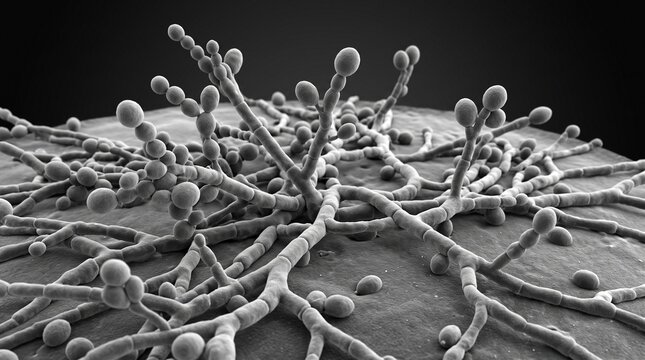 Microscopic 3D illustration of fungal growth showing hyphae and budding yeast cells in scanning electron microscope style
