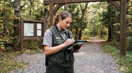 Obraz premium Park ranger using tablet in forest on a trail with information board