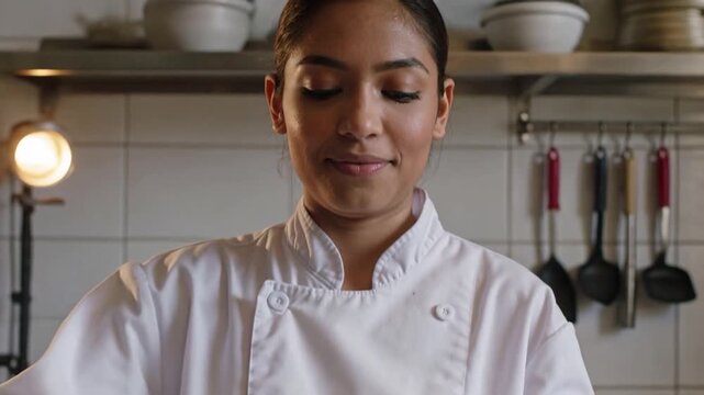 Tilting pan, chef in white jacket scraping and tossing food at stovetop with spatula to cook