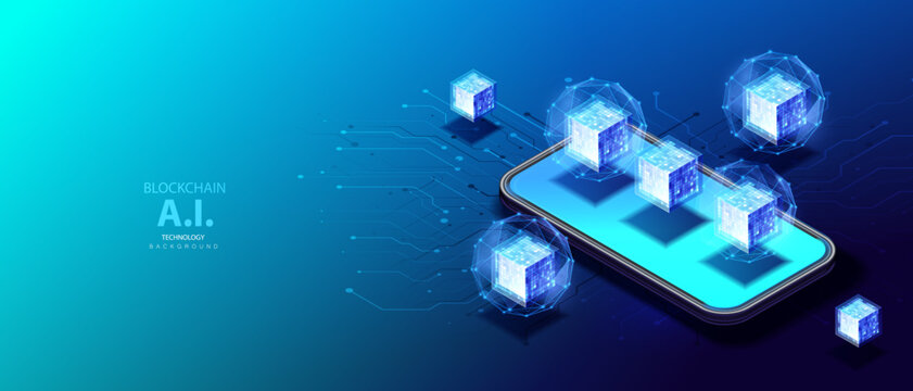 Futuristic blockchain network on a smartphone with floating digital blocks, AI technology and connected data nodes, creating a viral Web3, crypto and digital innovation vector concept.