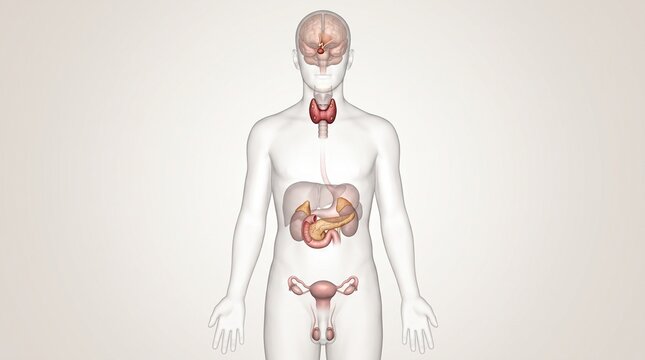 3D Medical Illustration of the Human Endocrine System Showing Major Glands and Organs